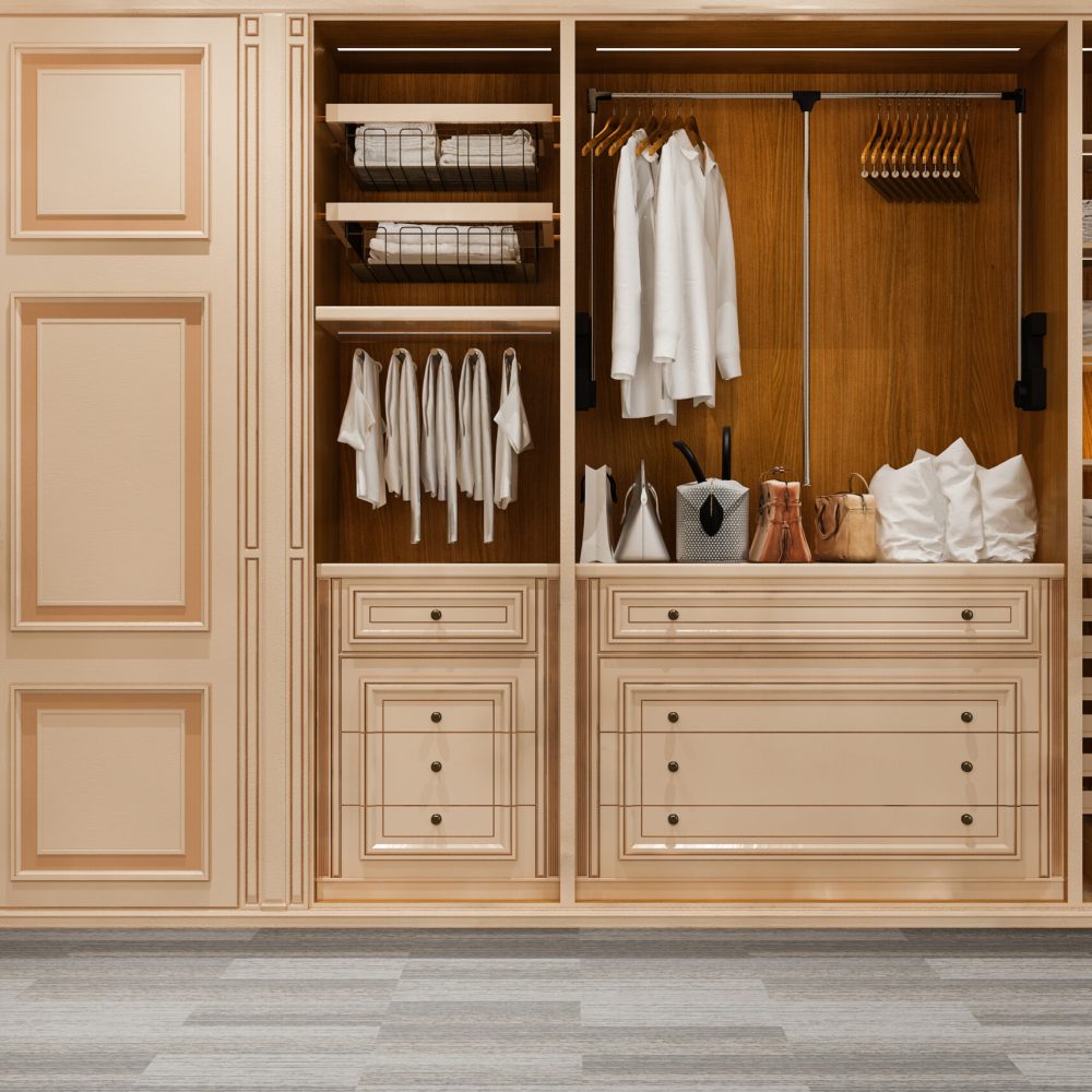3d rendering minimal scandinavian wood walk in closet with wardrobe
